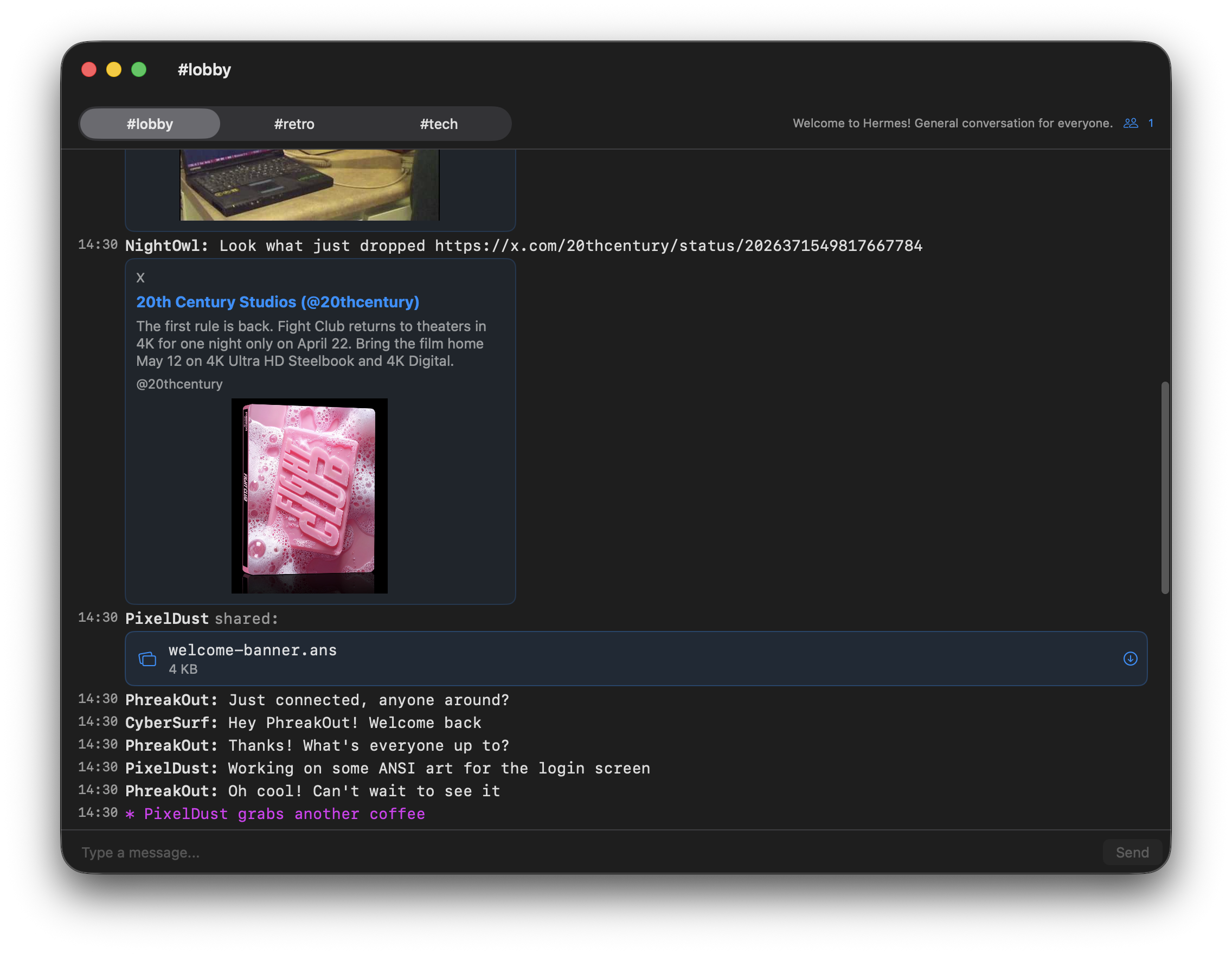 Hermes Terminal native chat showing multiple channels, link previews, and file sharing