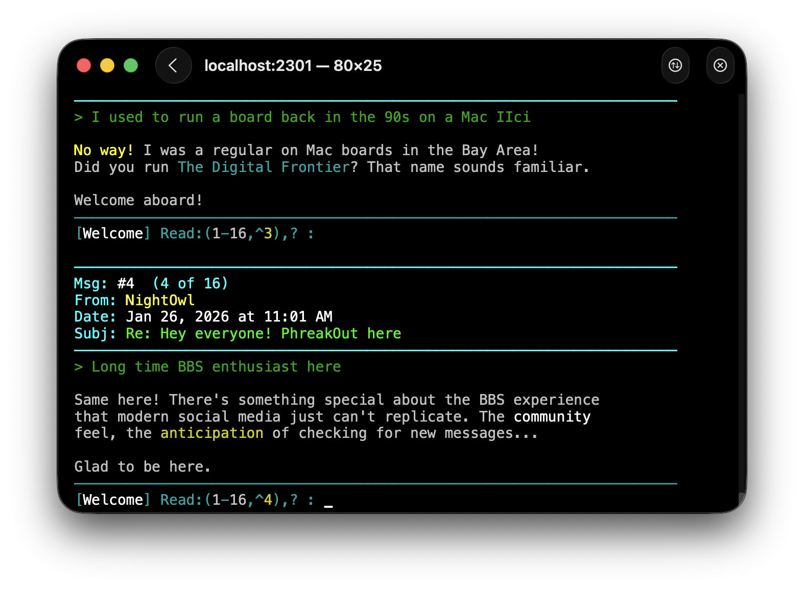 Hermes Terminal showing forum message reading with threaded replies