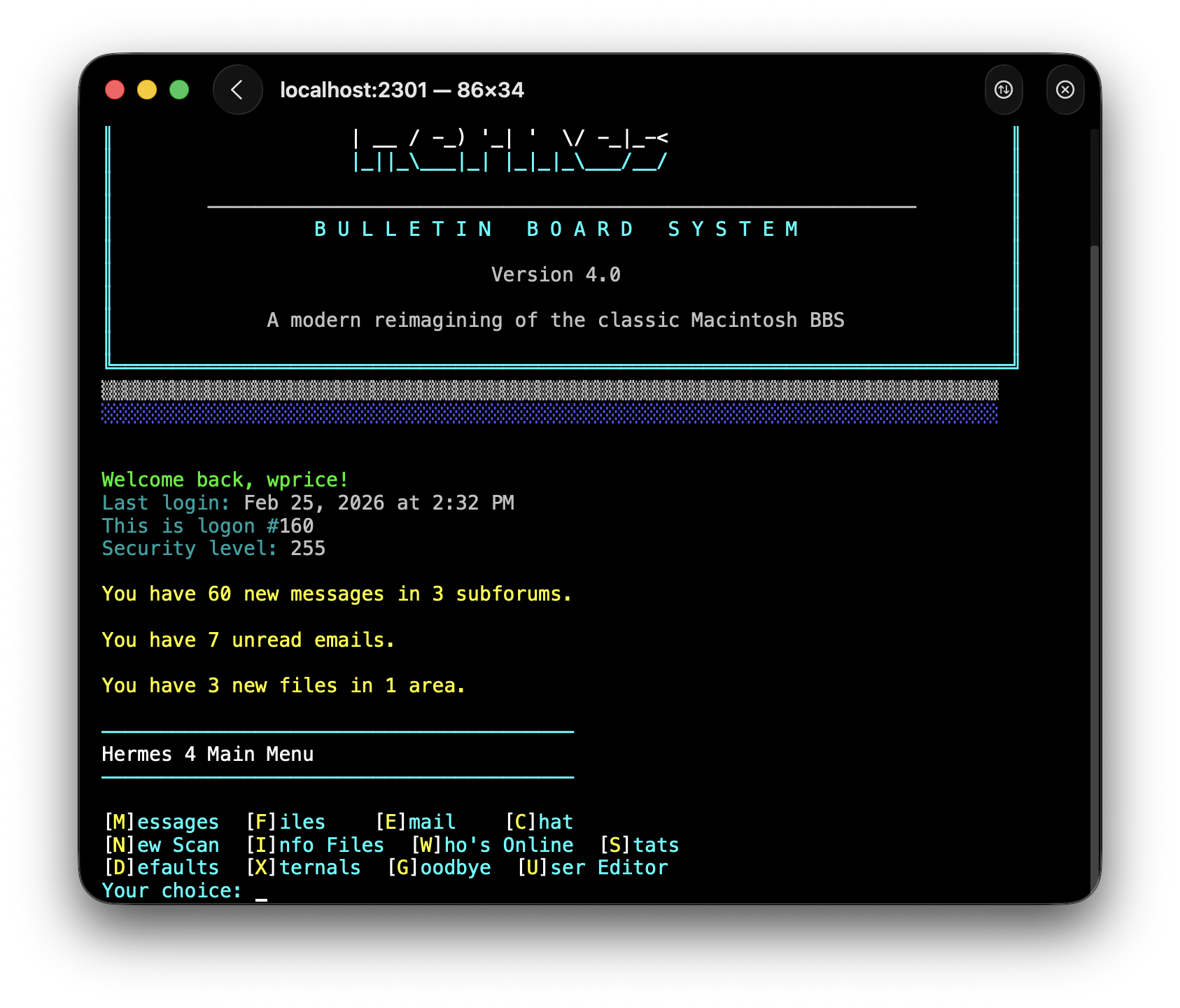 Hermes Terminal showing the welcome screen, login stats, and main menu