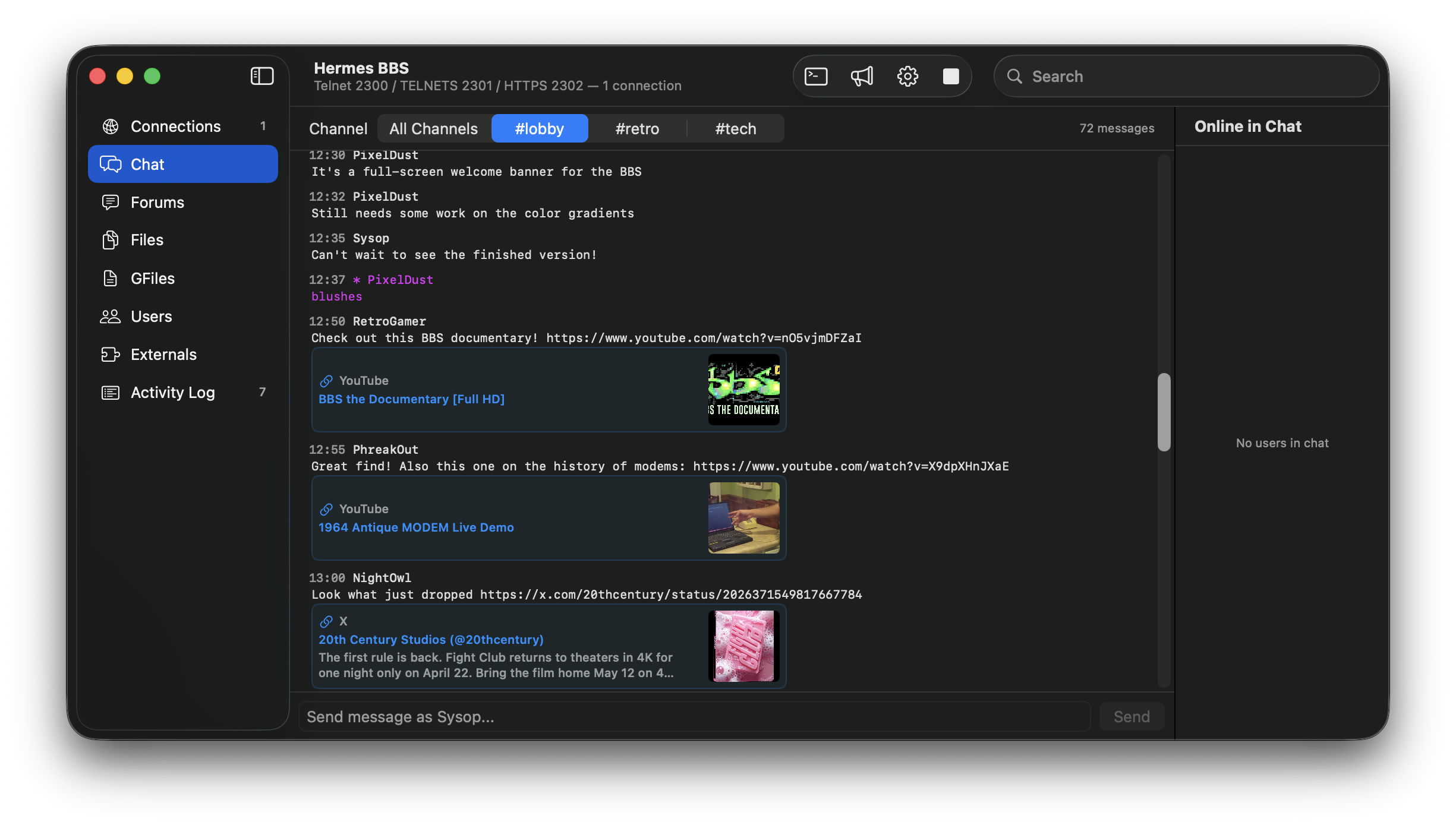 Hermes Server sysop view of the chat lobby with link previews and rich content
