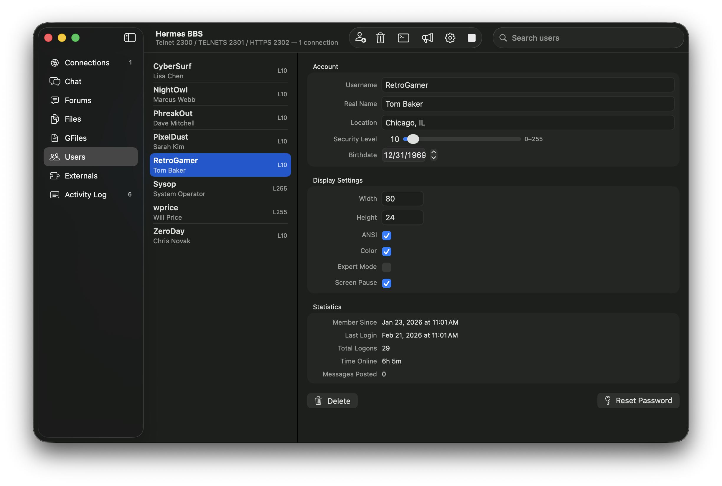 Hermes Server sysop dashboard showing user management with inline editing, security levels, and account details